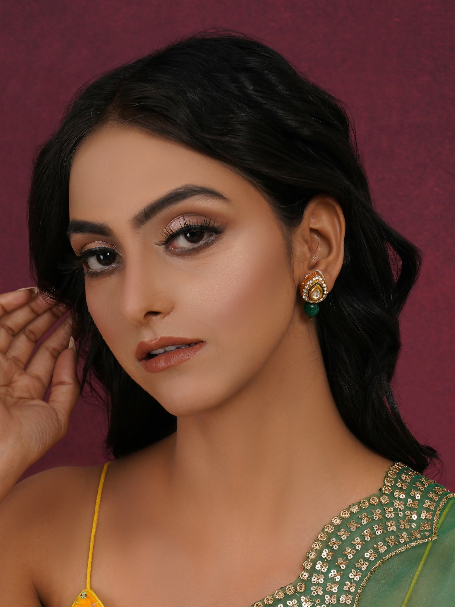 Emerald Stone Kundan Studs (Gold) - Ruby Raang - Grab2buy