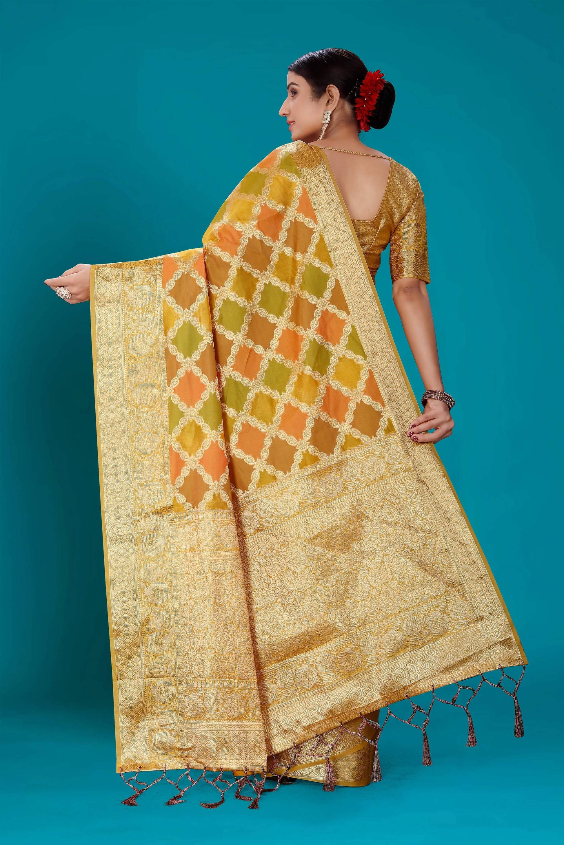Mustard Soft Organza Woven Design Saree with Unstitched Blouse Piece - Zaara