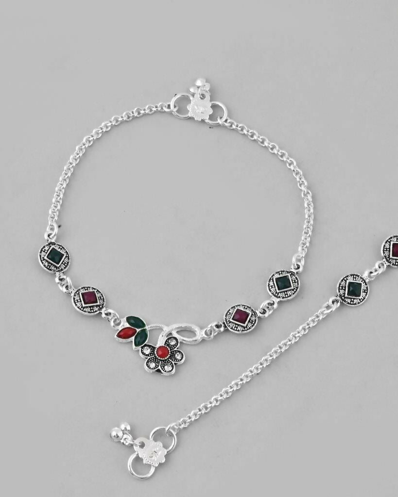 VOJ Set of 2 Traditional Multi Color Stone Studded Designer Anklet 