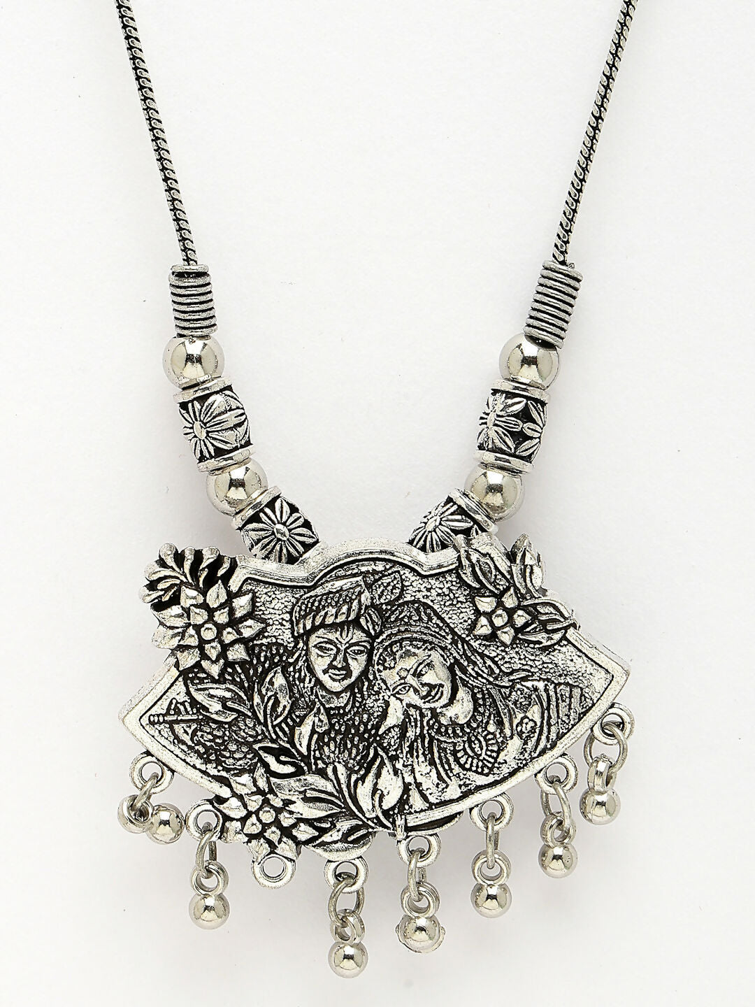 NVR Women's Silver-Toned Radha Krishna Pendant with Chain 