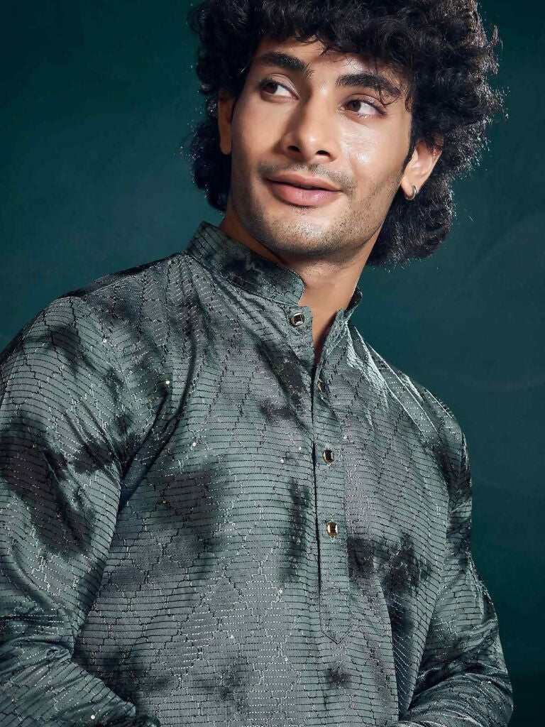 Grey Viscose Designer Sequance Embroidery Work Men's Kurta Set - Mahotsav