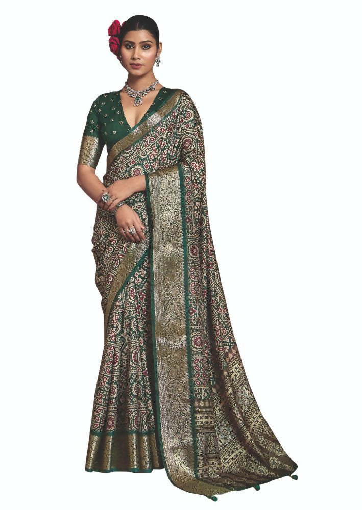 Joban Fashion Green Multi Color Dola Tussar Silk Self Jacquard Border Saree