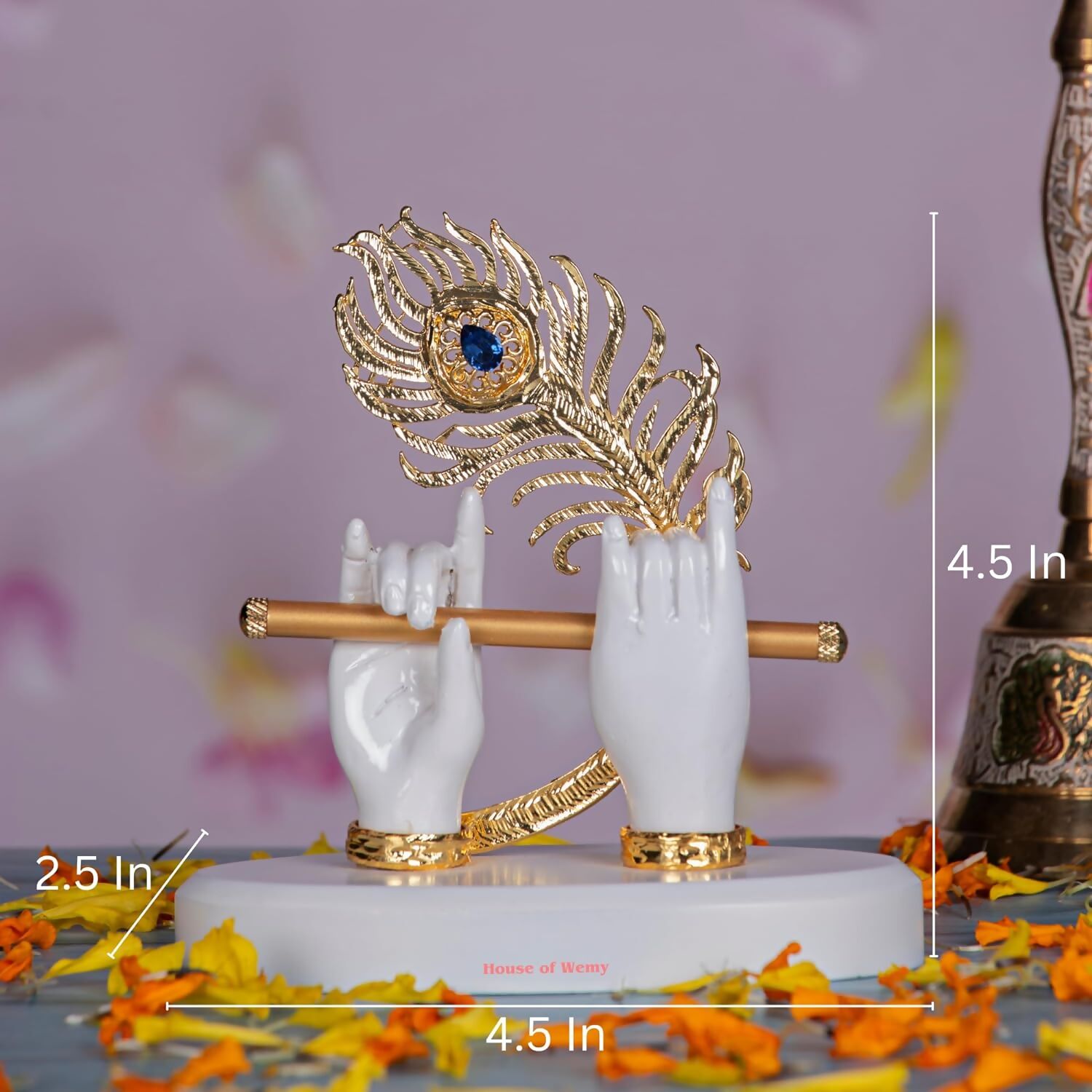 House Of Wemy Gold-Polished Melody Krishna Hands Idol with Flute and Peacock Feather - White 