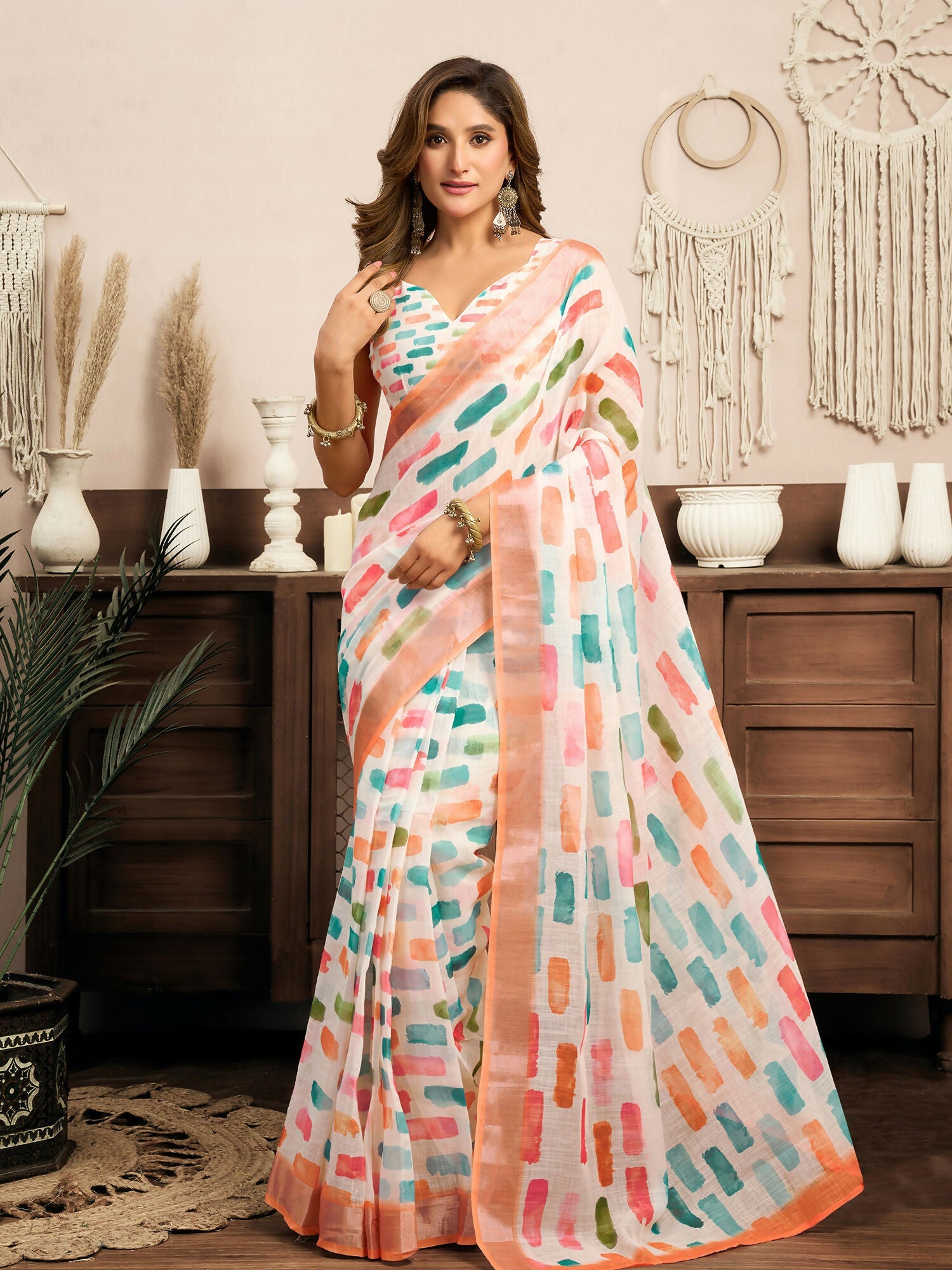 Joban Fashion White Color Block Linen Ready To Wear Saree With Unstitched Blouse