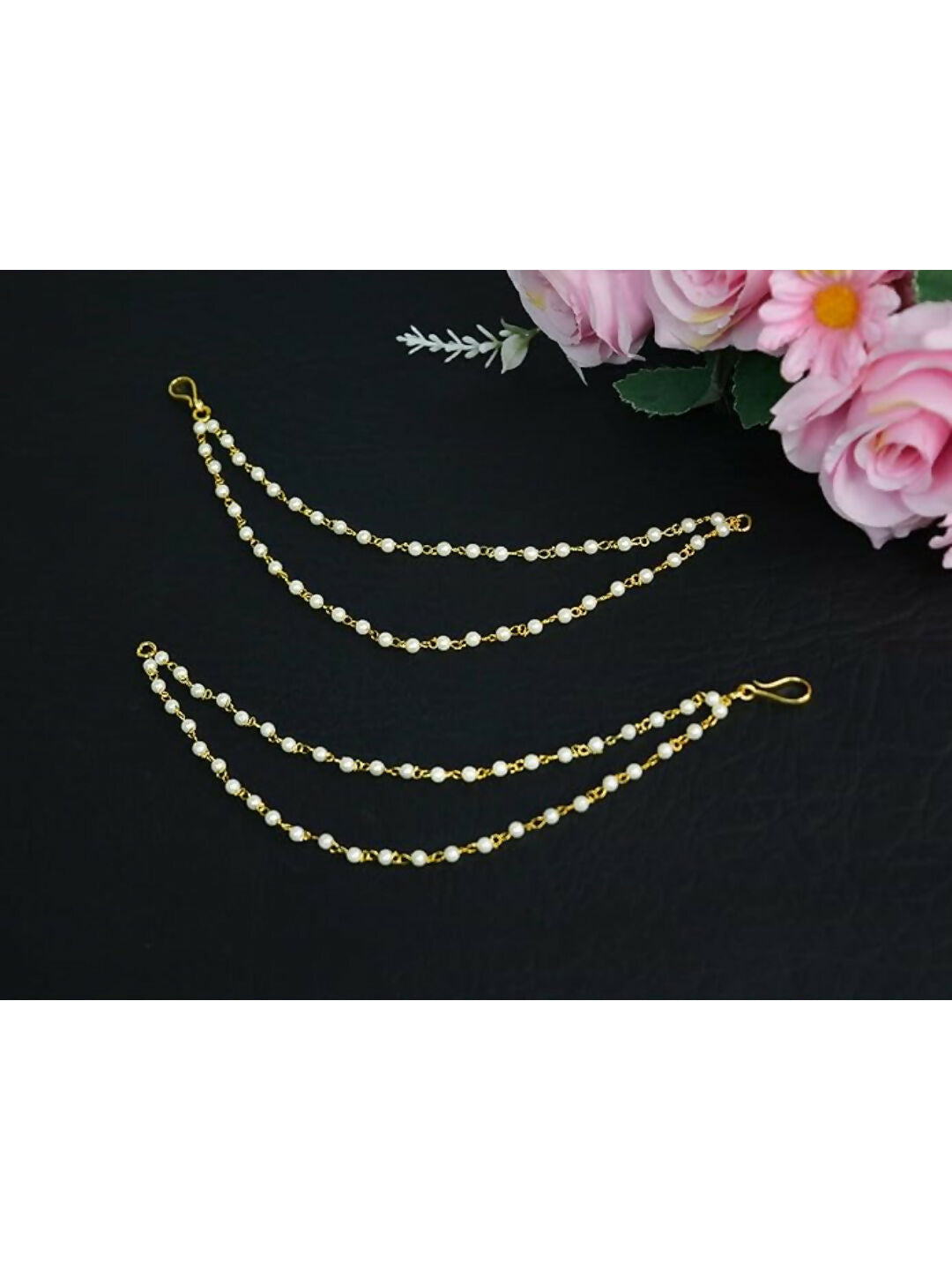 NVR Pearl Studded Classic Gold-Polished 2 Line Ear Chain Ear Cuff 