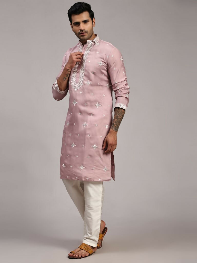 Pink Silk Designer Embroidery Work Men's Rajwadi Kurta Set - Mahotsav