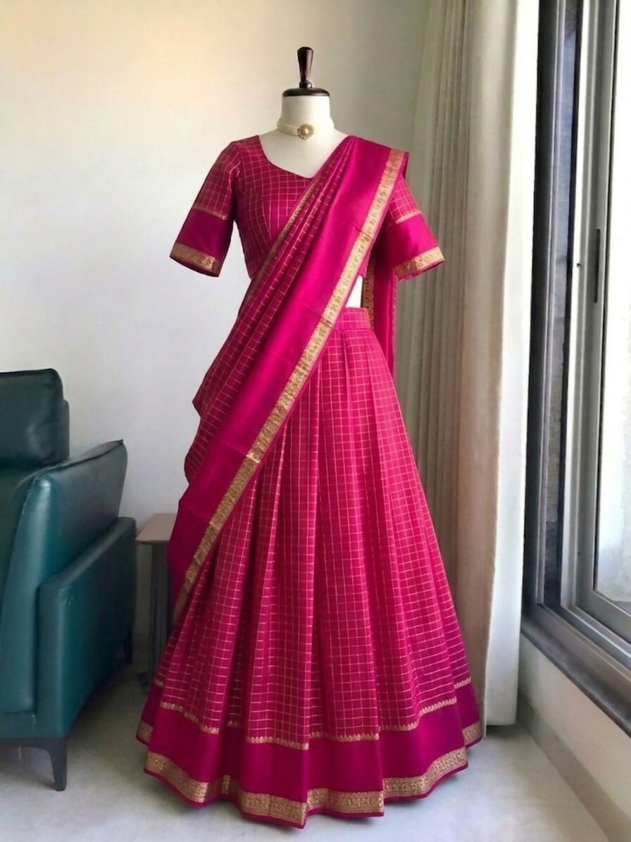 Teeya Creation New South Indian Silk Checked Half Saree Lehenga Choli with Zari Border-Rani-Pink