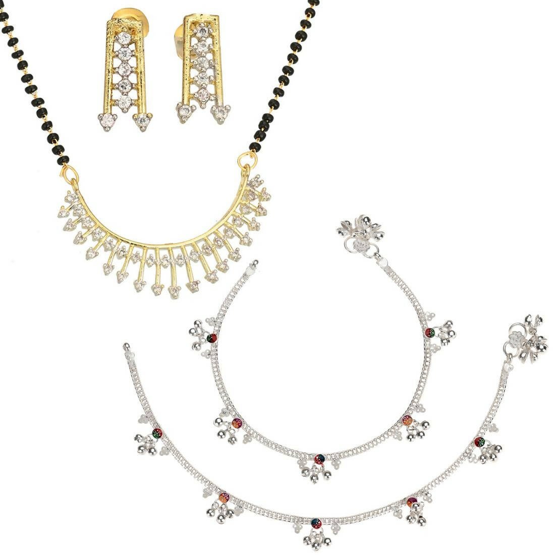 AanyaCentric Gold-Polished Mangalsutra Pendant Earring Set & Silver Plated Anklet