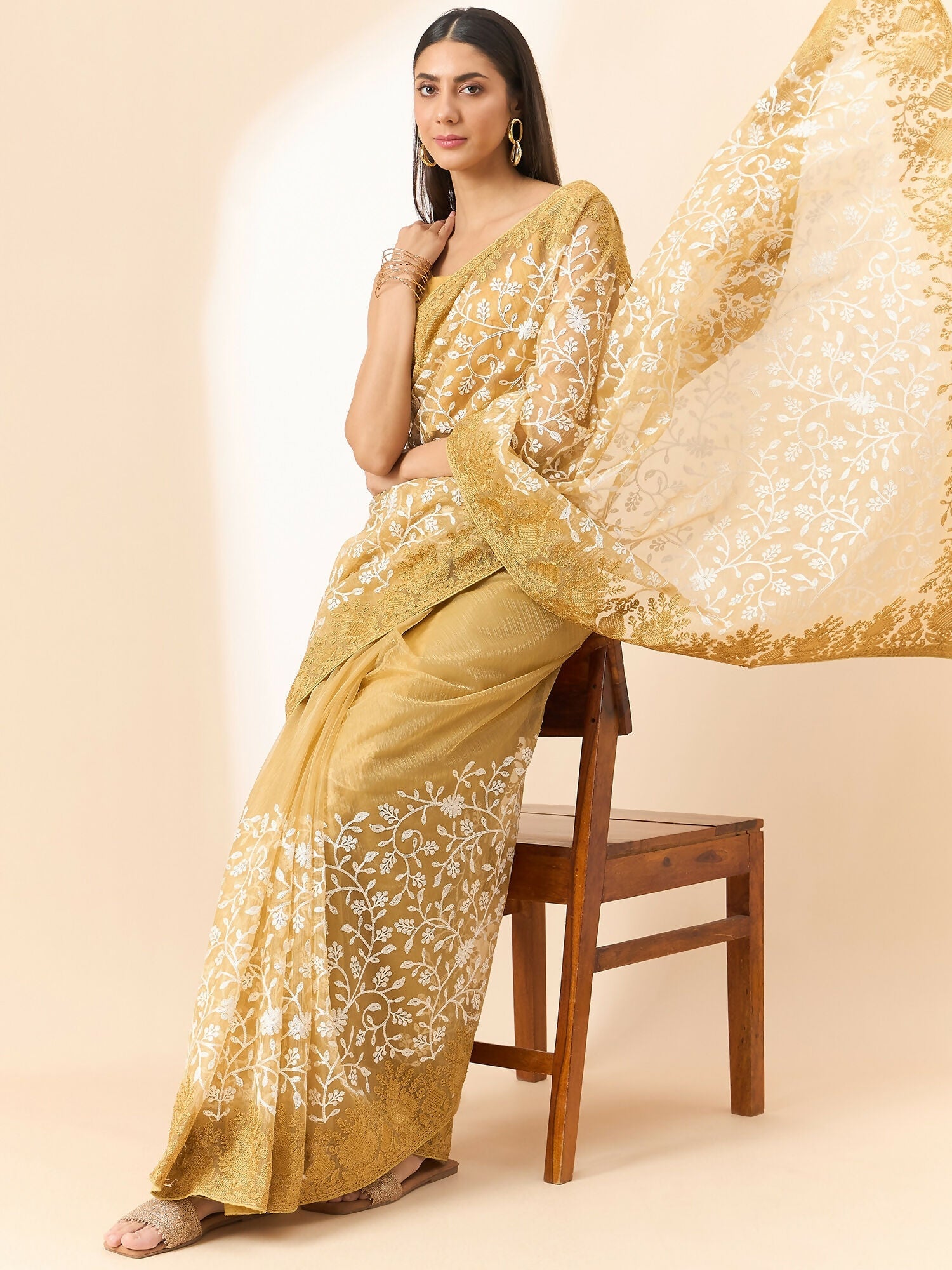 Beige Organza Floral Embroidered Saree with Unstitched Blouse Piece - Roozal