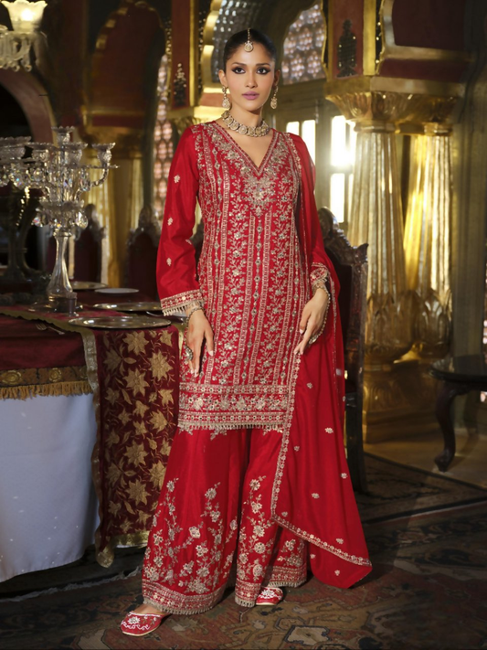 Anaita Red Heavy Chinon Readymade Palazzo Suit with Heavy Embroidery Work