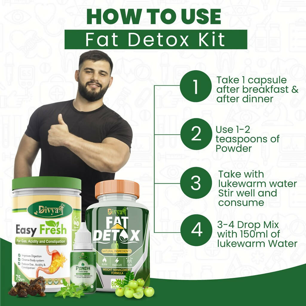 Divya Shree Fat Detox Capsule + Easy Fresh Powder & Punch Tulsi Drop Gas Combo Kit 