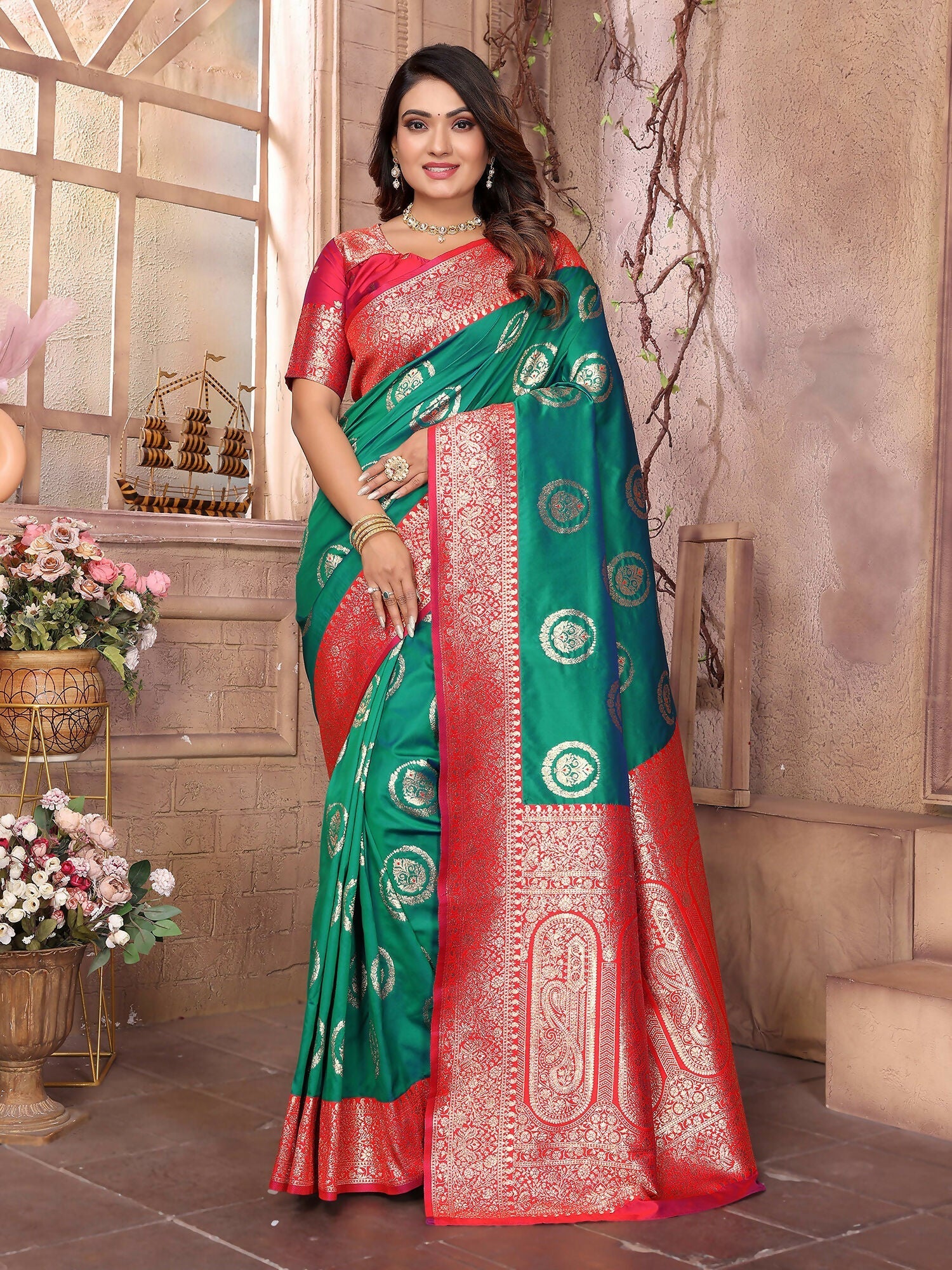 Joban Fashion Green Banarasi Soft Silk Woven Saree | Swadesiicart