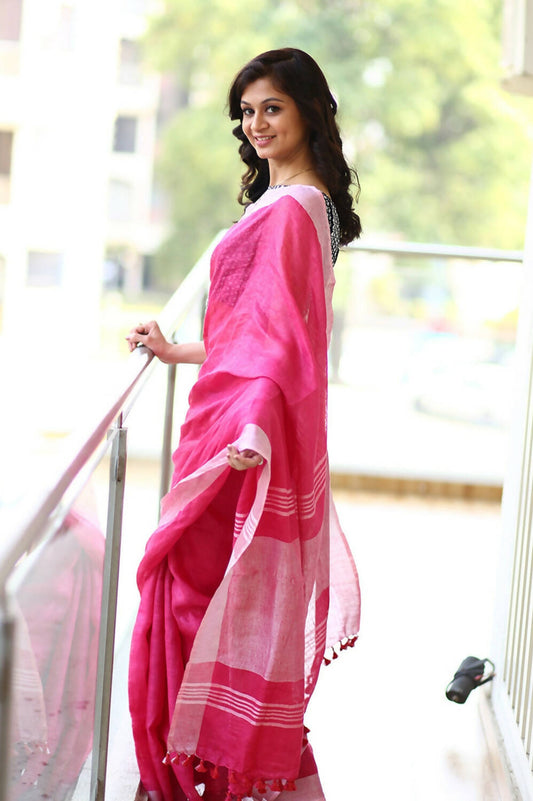 Very Much Indian Pure Linen Saree With Sleek Border And Exclusive Design - Pink - Grab2buy