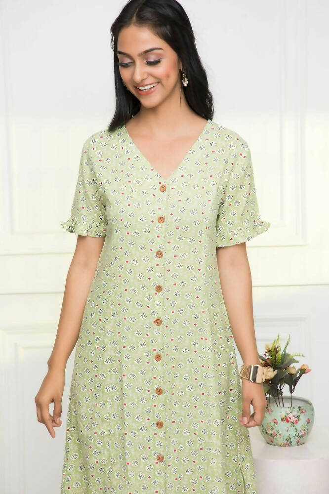 Myshka Women Ethnic Motifs Rayon A-Line V-Neck Green Dress