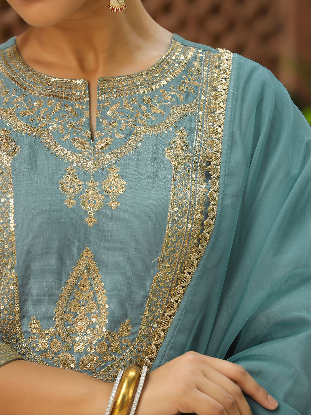 Janasya Light Blue Silk Blend Solid Kurta,Bottom & Dupatta 