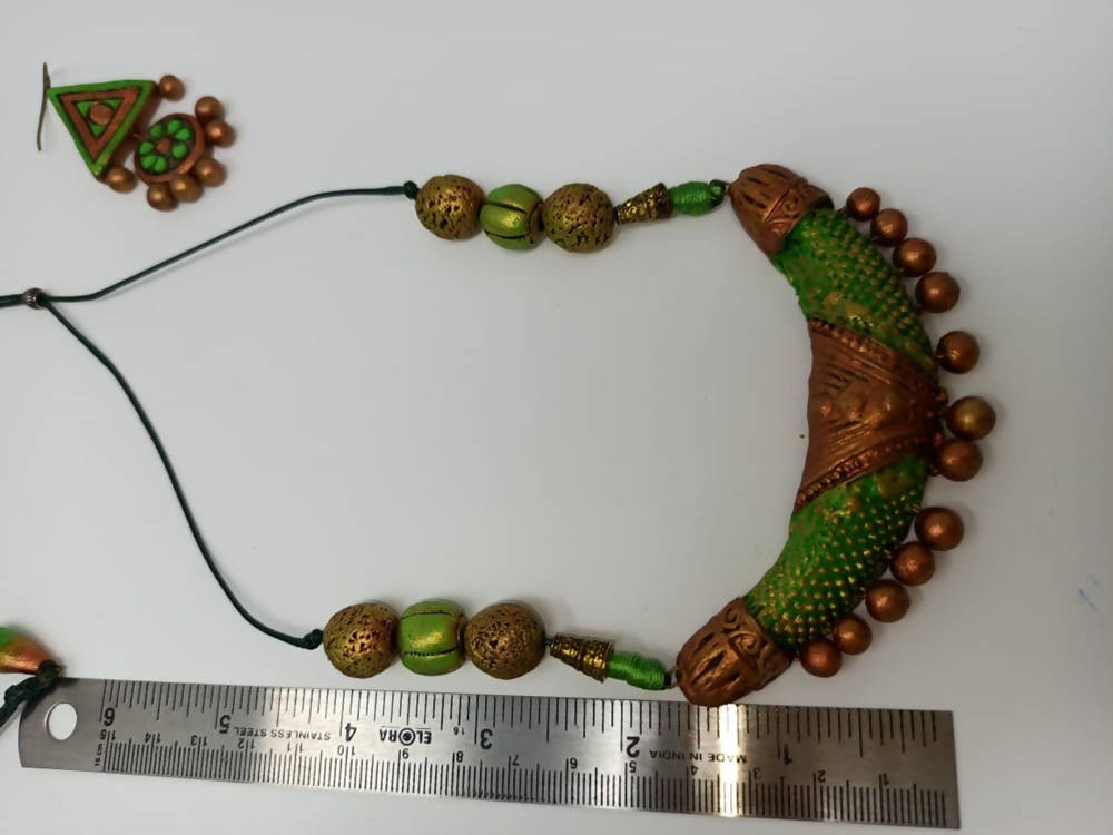 Terracotta Light Green and Gold Tribal Theme Necklace Set with Ear Hangings