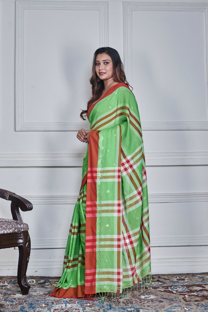 Morchari Green Cotton Handloom Mirror Work Saree Unstitched Blouse