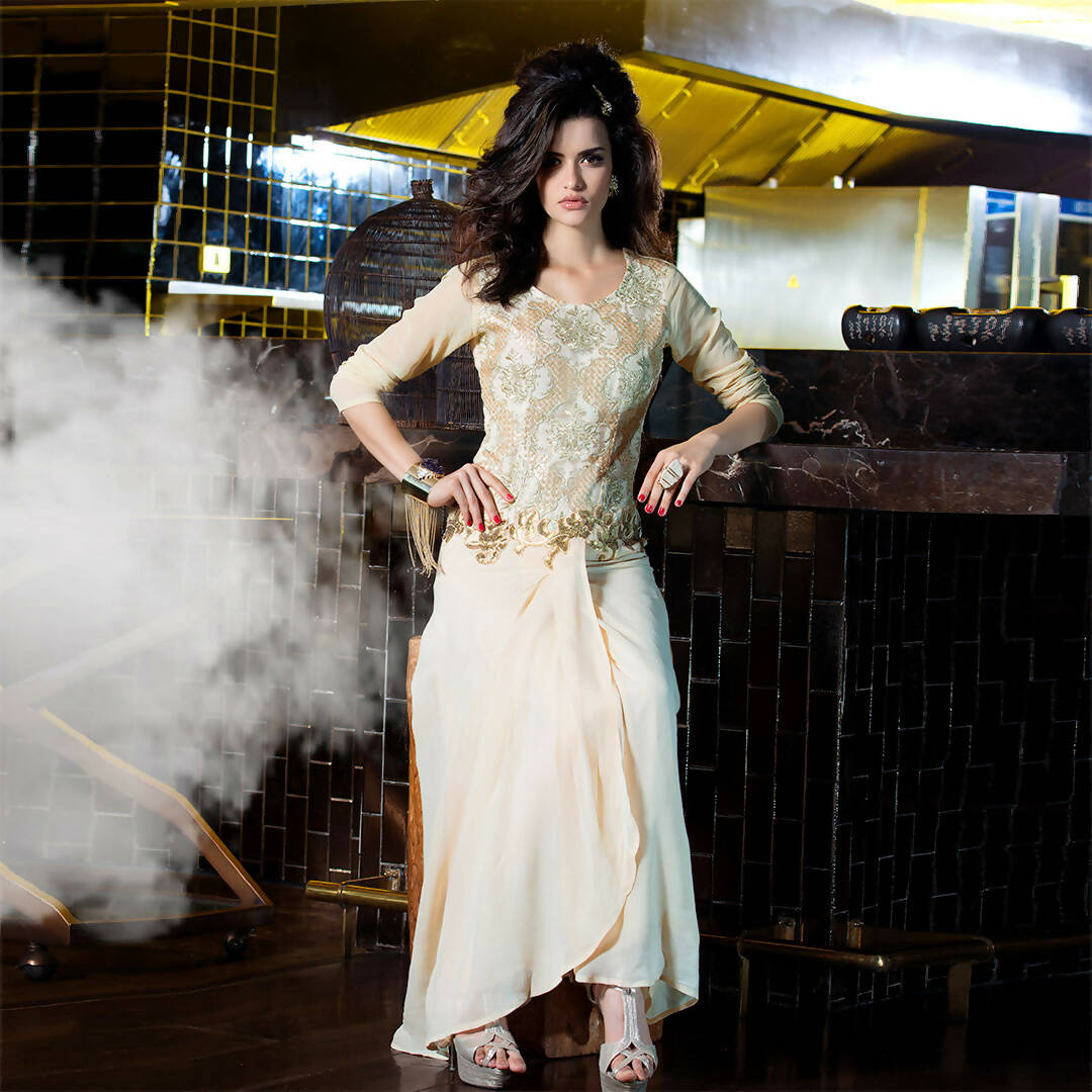 Off White Georgette Floral Embroidered A-line Kurti - Missy