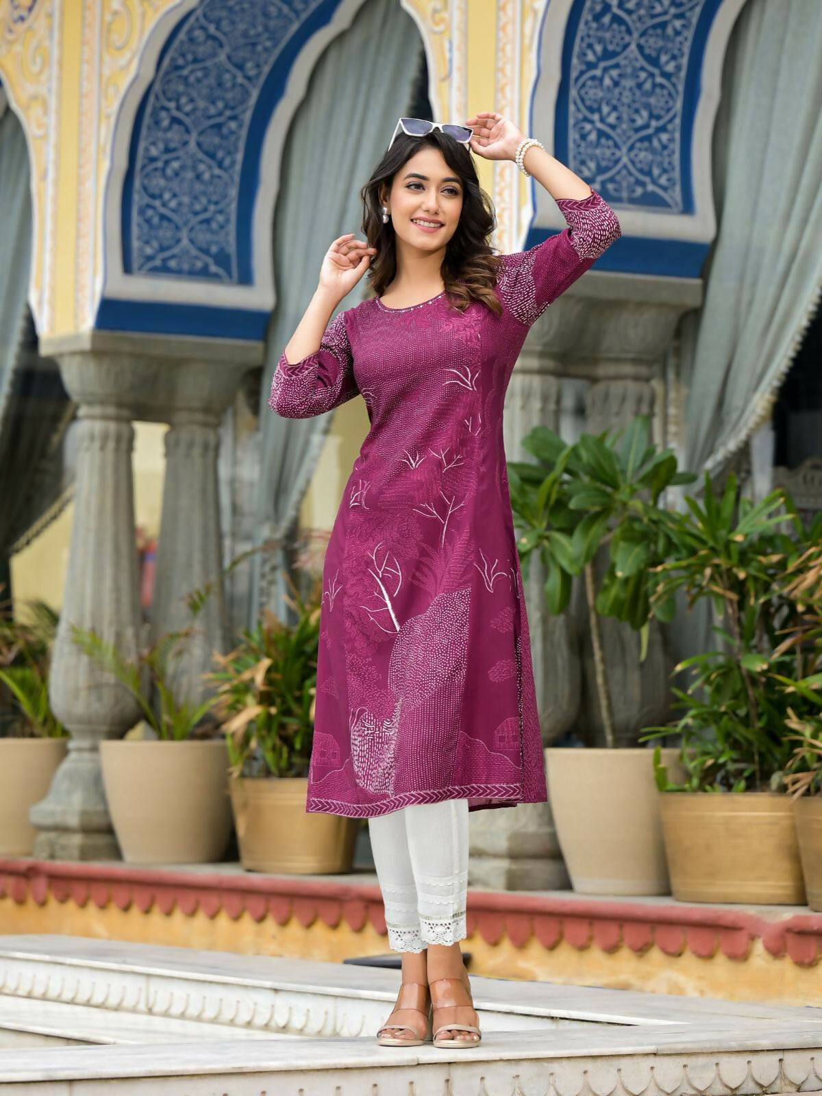 Juniper Women's Wine Beautiful Printed Liva Rayon A-Lined Kurta For Women 