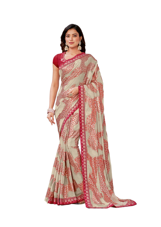 Red Georgette Zari Jacquard Embroidered Border With Mirror Work Saree With Unstitched Blouse Piece - Norita Zaina