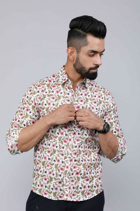 Miravan Men's Cotton Printed Full Sleeve Slim Fit Spread Neck White & Pink Colour Shirt 