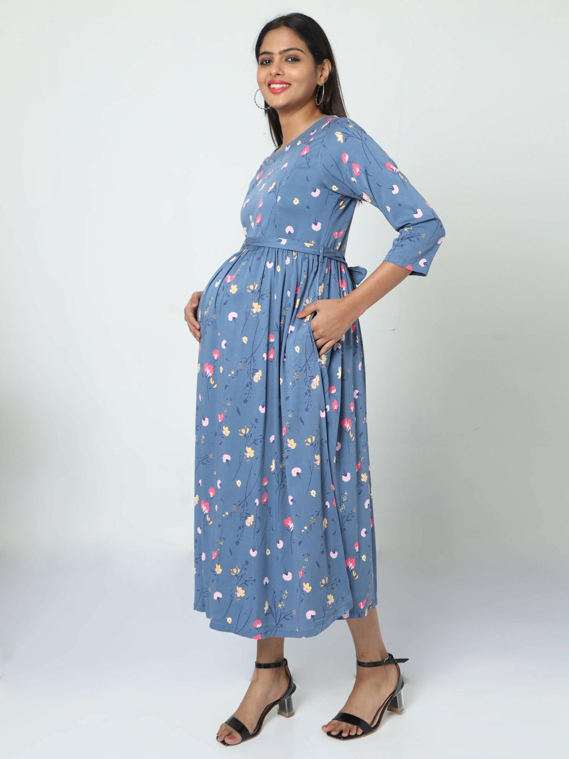 Manet Three Fourth Maternity Dress Floral Print With Concealed Zipper Nursing Access - Dark Grey