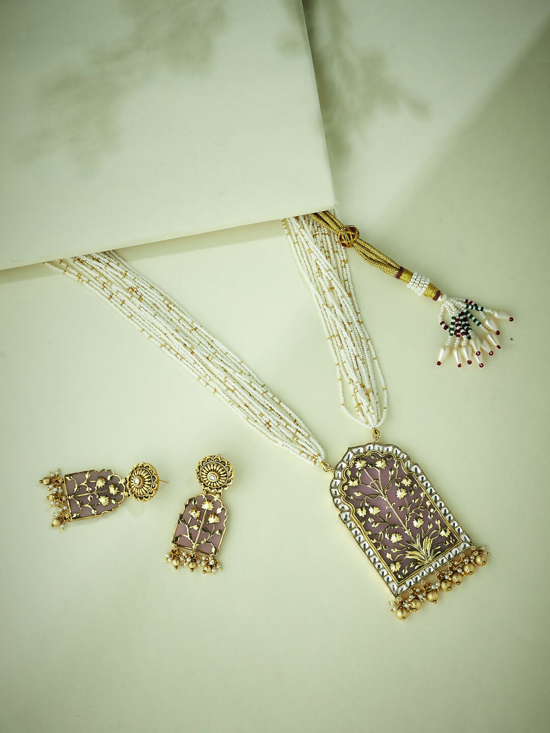 Nuyug 22K Gold-Plated Pearl Beaded Strings Floral Motifs Enamel Pendant Necklace Set | Grab2Buy