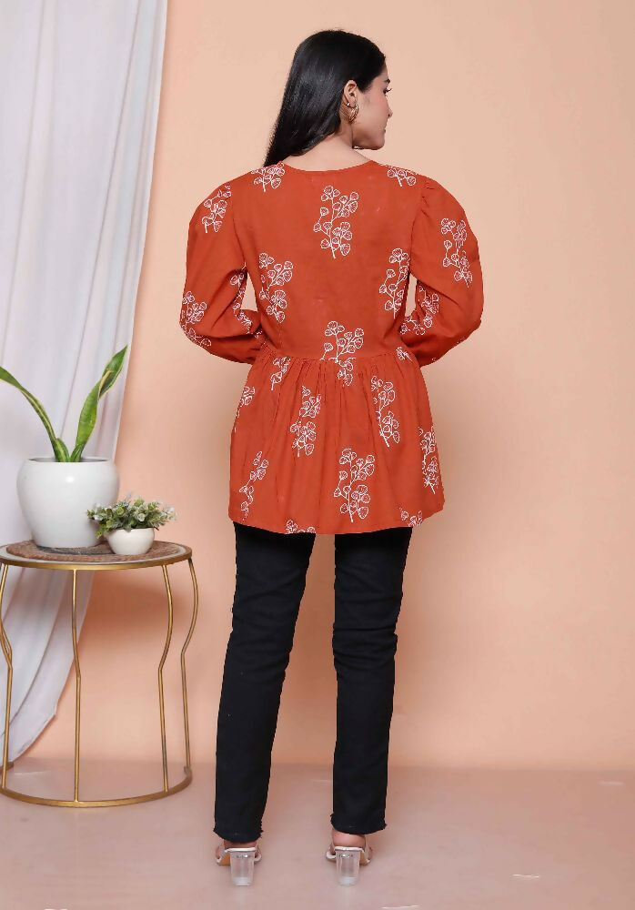 Miravan Womens Rust Floral Printed Balloon Sleeves V Neck Butterfly Top