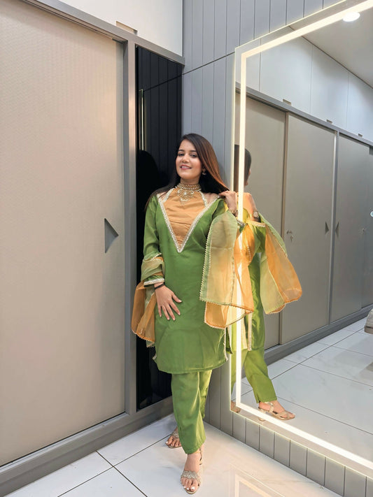 Anaita Parrot-Green Roman Shimmer Readymade Kurti Set with Designer Handwork