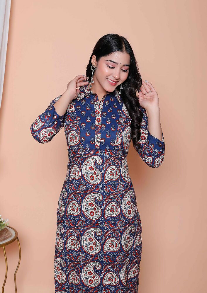 Miravan Womens Cotton Floral Printed Shirt-Collar Straight Kurta And Palazzo Set