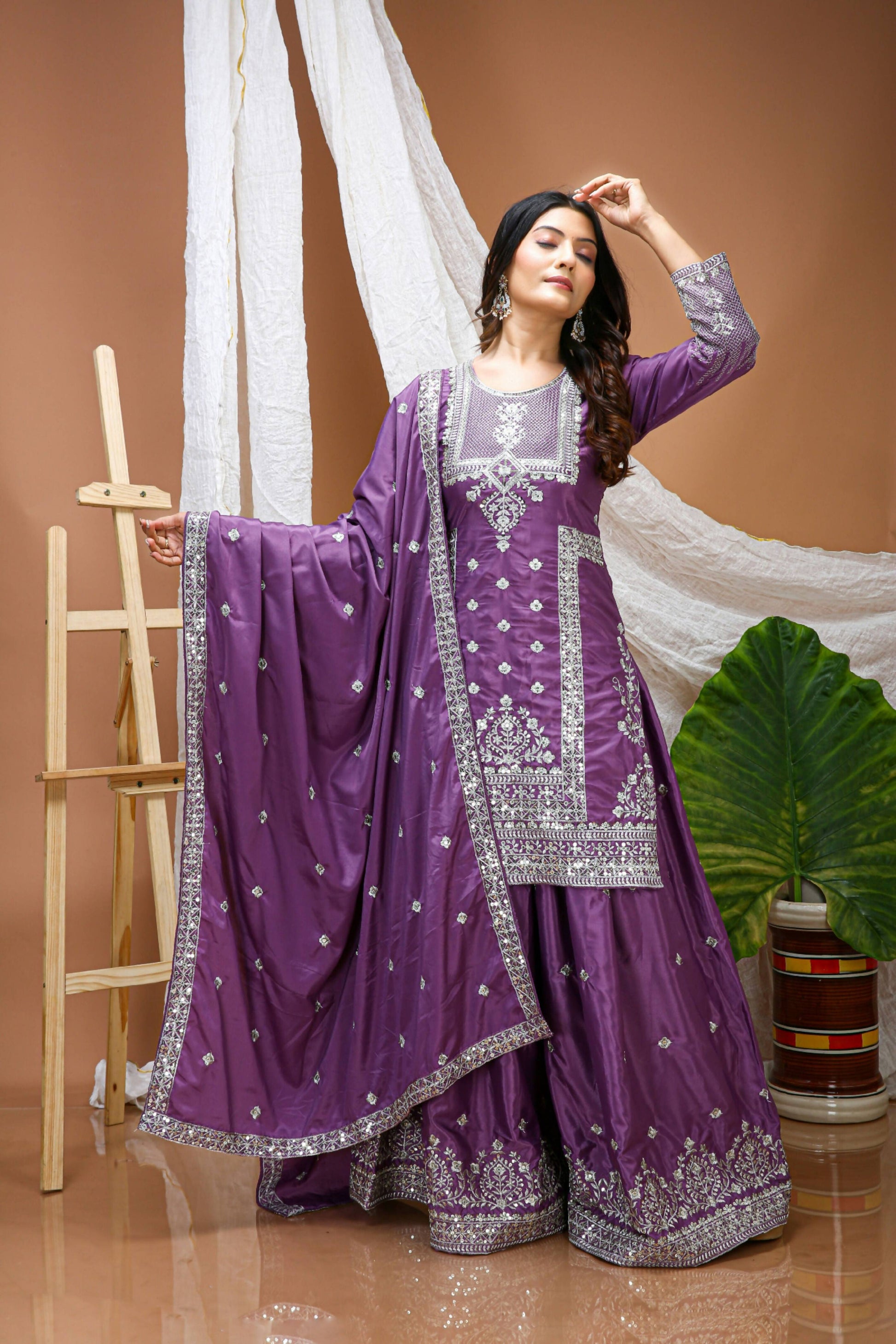 Lehenga Mart Designer Sharara Suit With Kurta, Sharara, Dupatta For Women-Lavender Violet