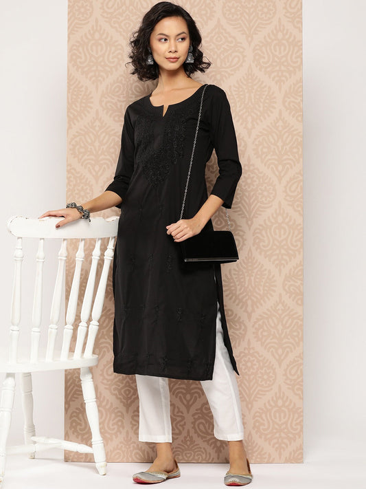 Yufta Black Embroidered Chikankari Cotton Kurta 