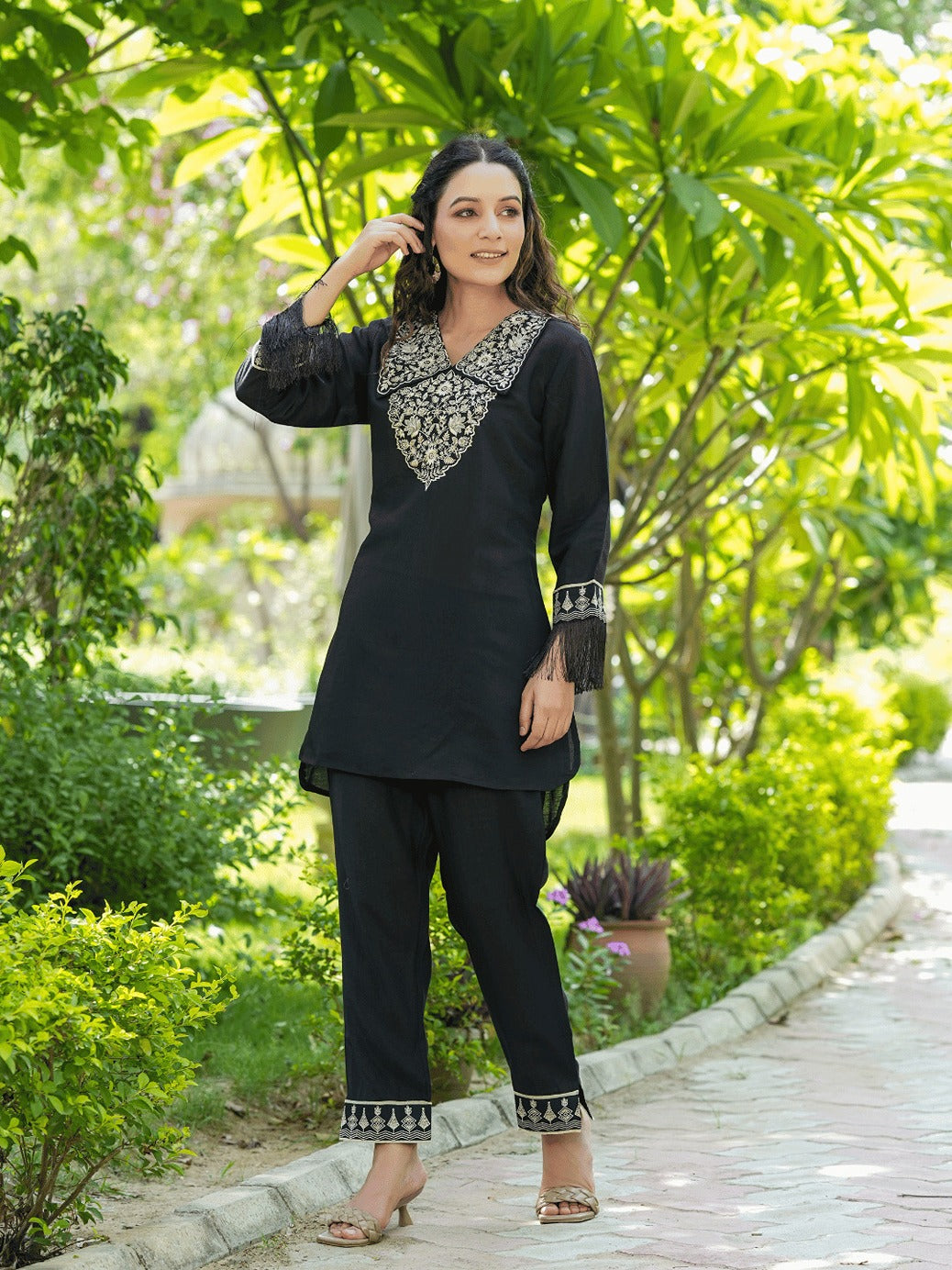 Yufta Black Embroidered Shirt And Trouser Co Ords 