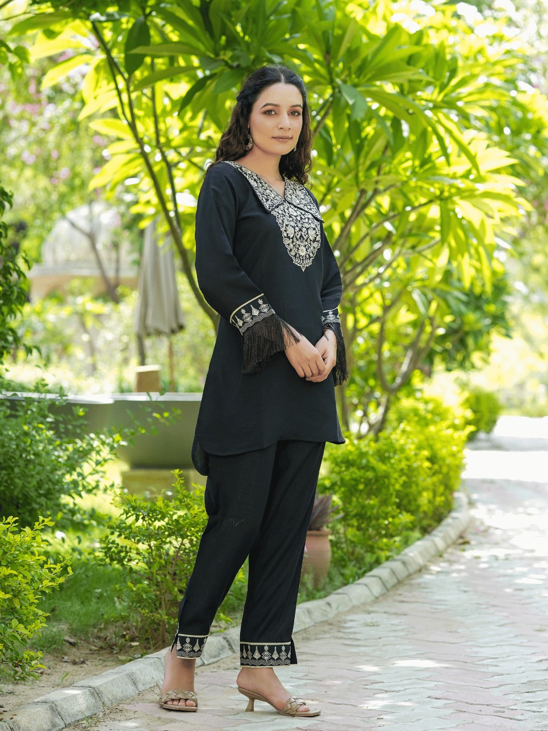 Yufta Black Embroidered Shirt And Trouser Co Ords 