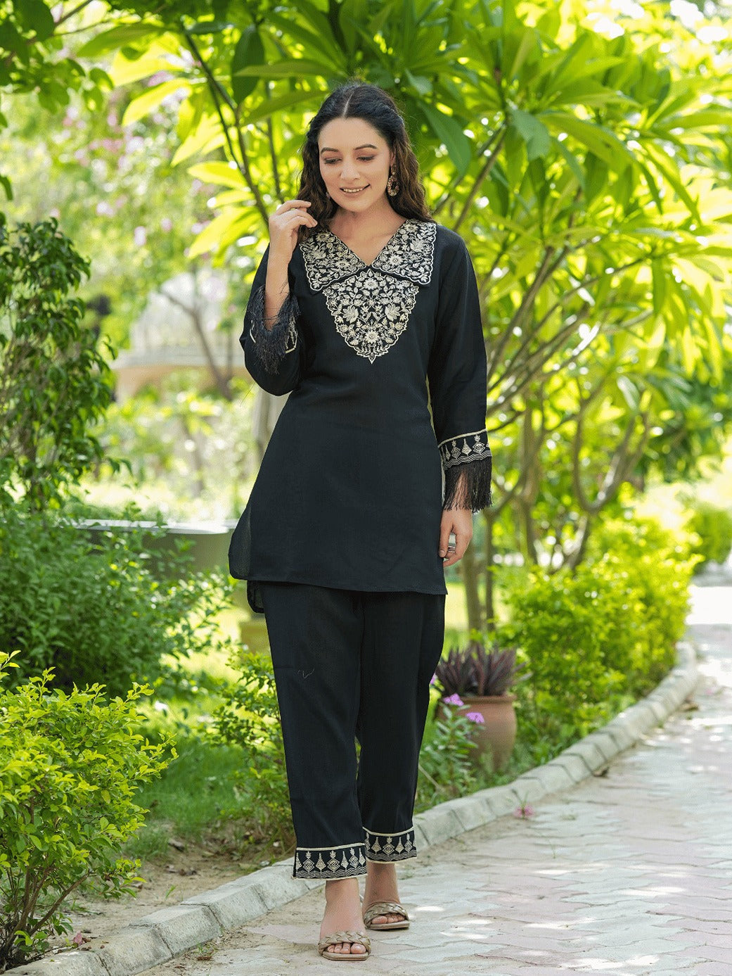 Yufta Black Embroidered Shirt And Trouser Co Ords 