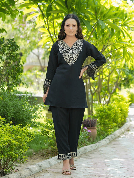 Yufta Black Embroidered Shirt And Trouser Co Ords 