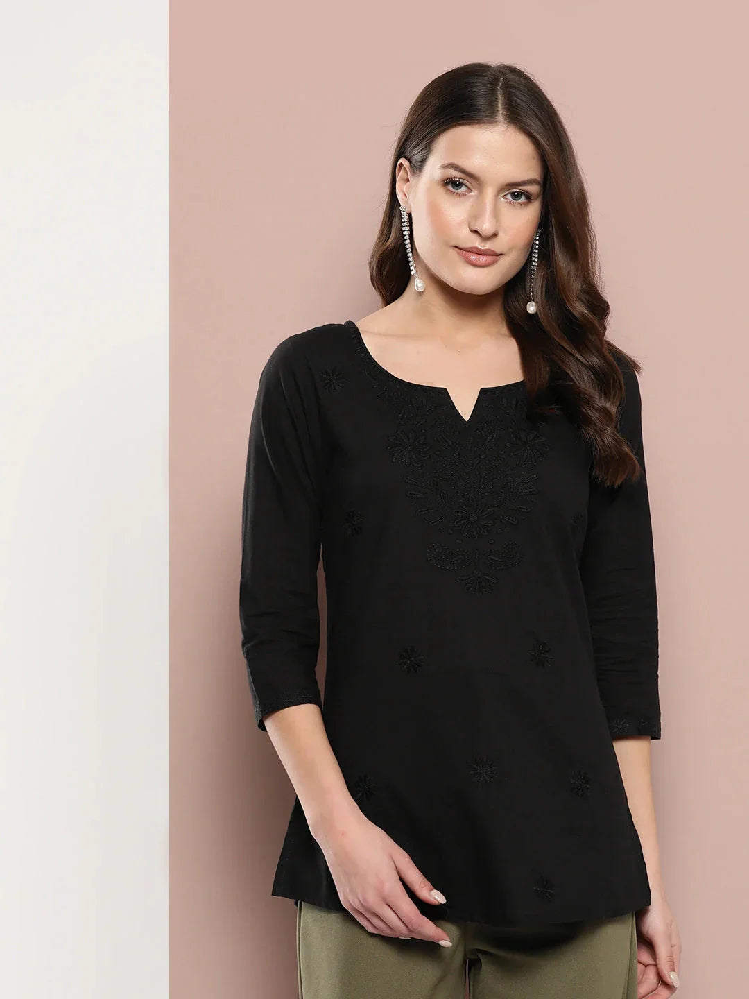 Yufta Black Floral Chikankari Embroidered Pure Cotton Top  Grab2Buy Yufta Grab2Buy