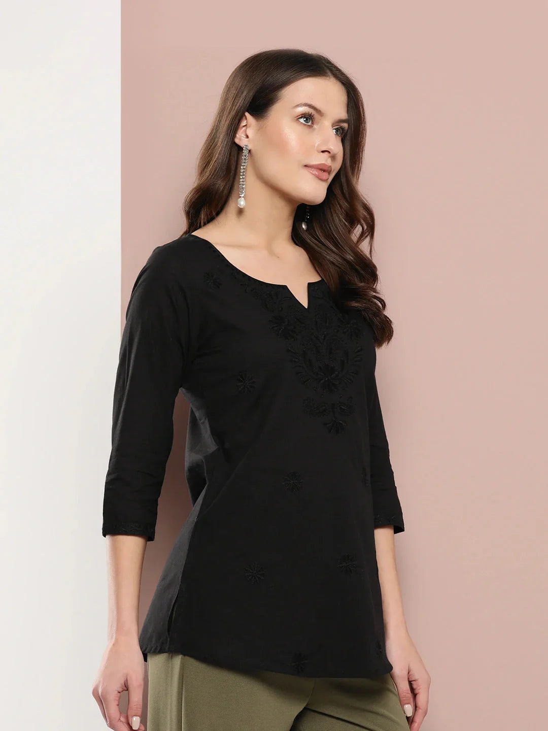 Yufta Black Floral Chikankari Embroidered Pure Cotton Top  Grab2Buy Yufta Grab2Buy