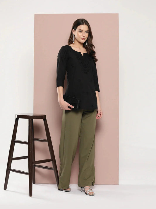 Yufta Black Floral Chikankari Embroidered Pure Cotton Top  Grab2Buy Yufta Grab2Buy