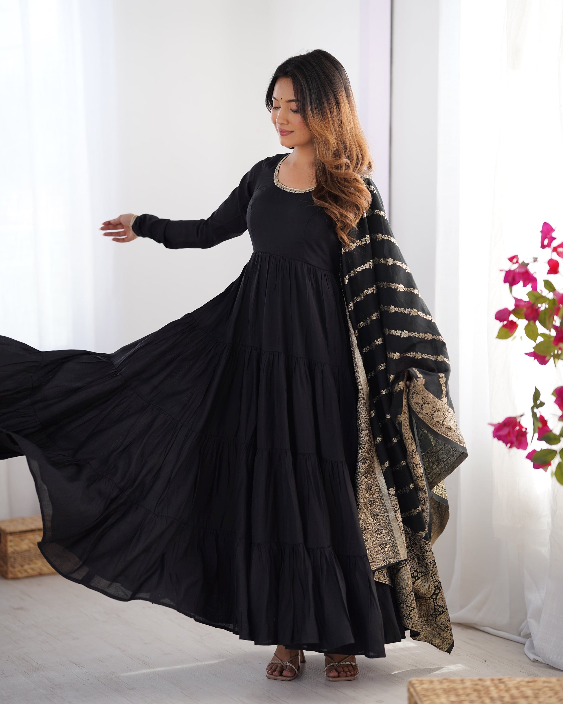 Lorenvalley Women Pure Roman silk Chanderi Fabric Layer Gathering Anarkali Kurta Pant With Dupatta Set 