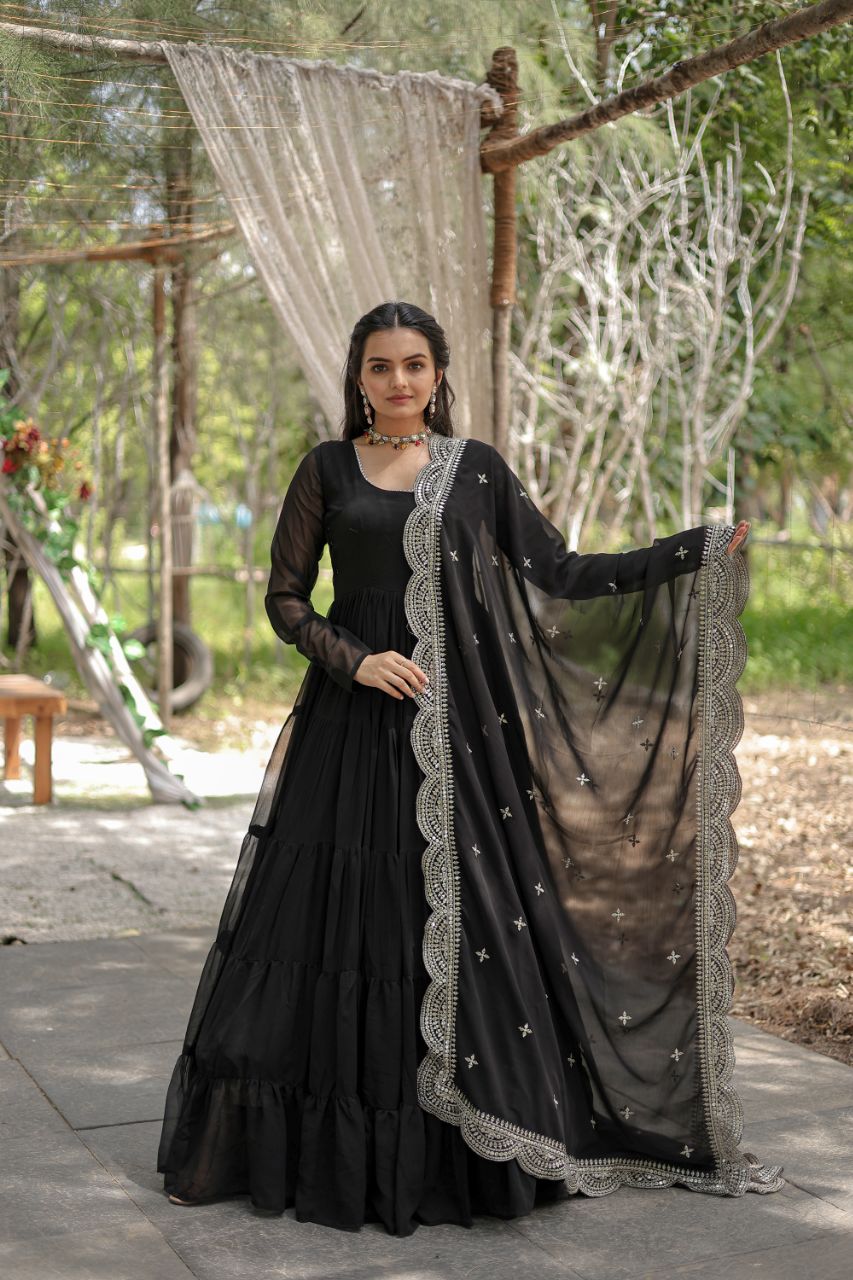 Evanik Black Faux Blooming Gown With Dupatta With Rich Sequins Embroidered work