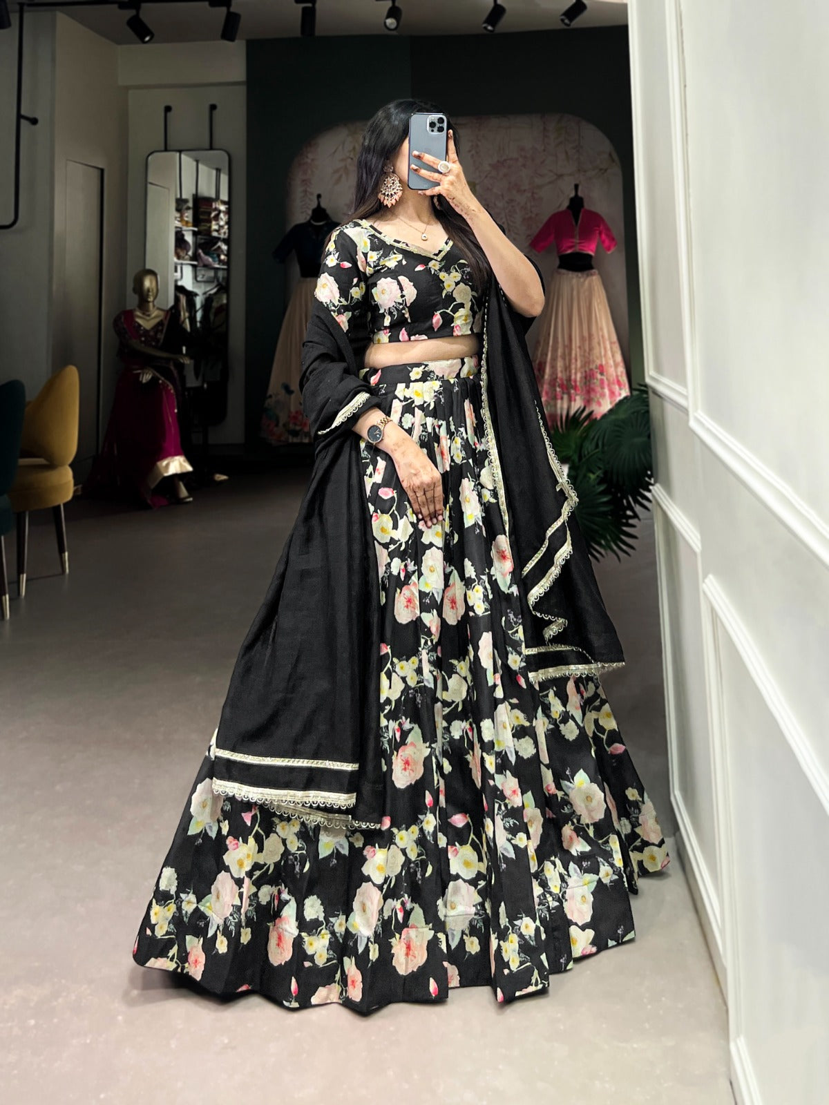 Lorenvalley Black Tussar Silk Floral Printed Lehenga Choli 