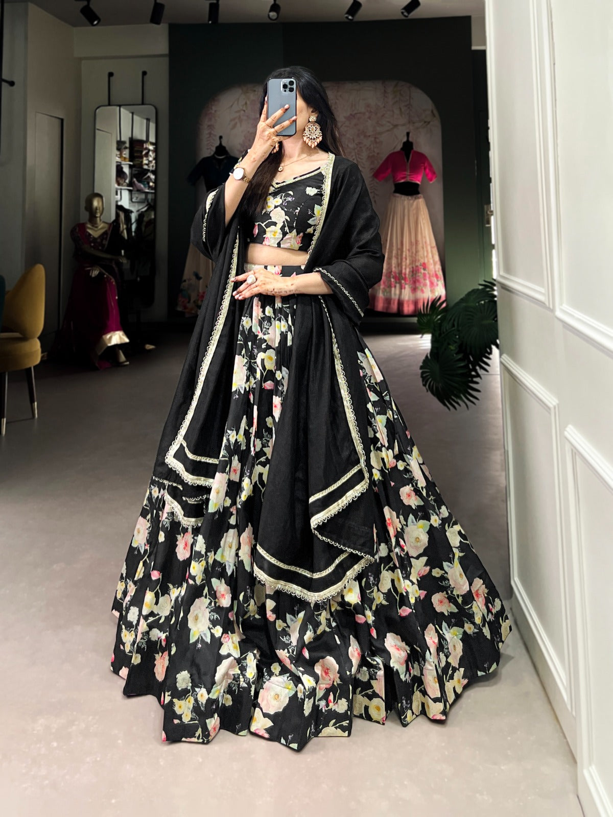 Lorenvalley Black Tussar Silk Floral Printed Lehenga Choli 