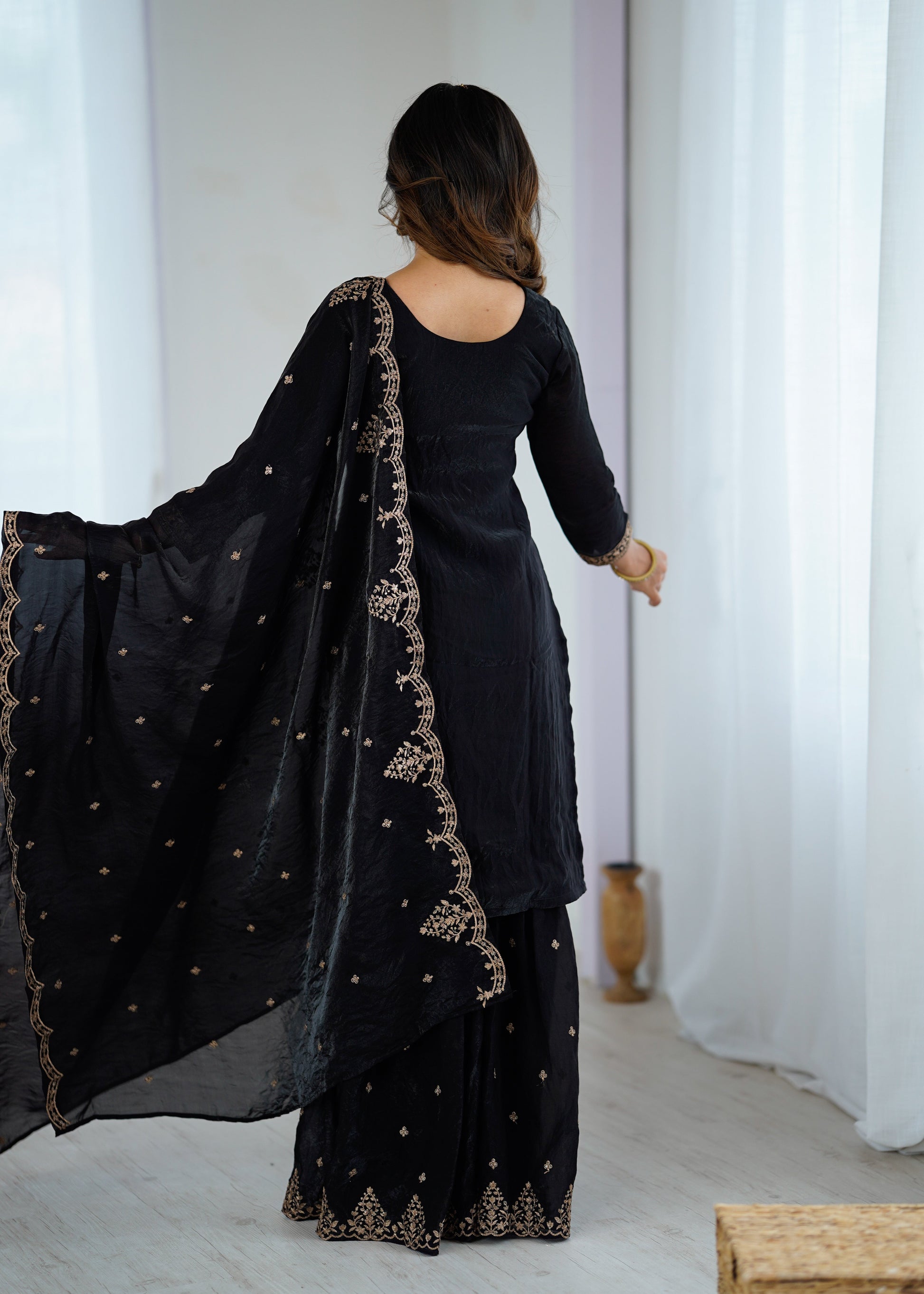 Lorenvalley Black Soft Crunchy Silk with Embroidery Sequence and Jari Work Kurta Palazzo with Dupatta 