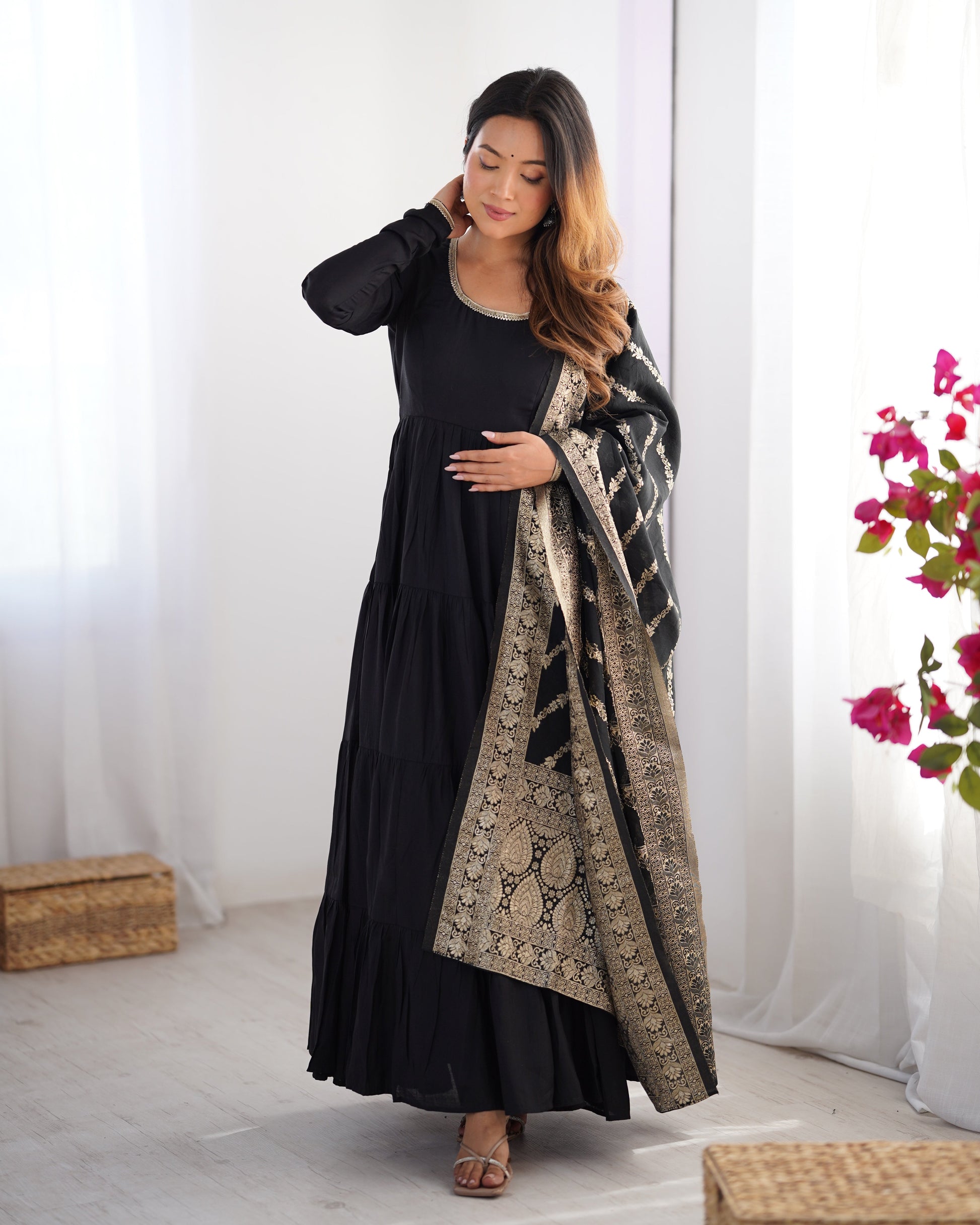 Lorenvalley Women Pure Roman silk Chanderi Fabric Layer Gathering Anarkali Kurta Pant With Dupatta Set 