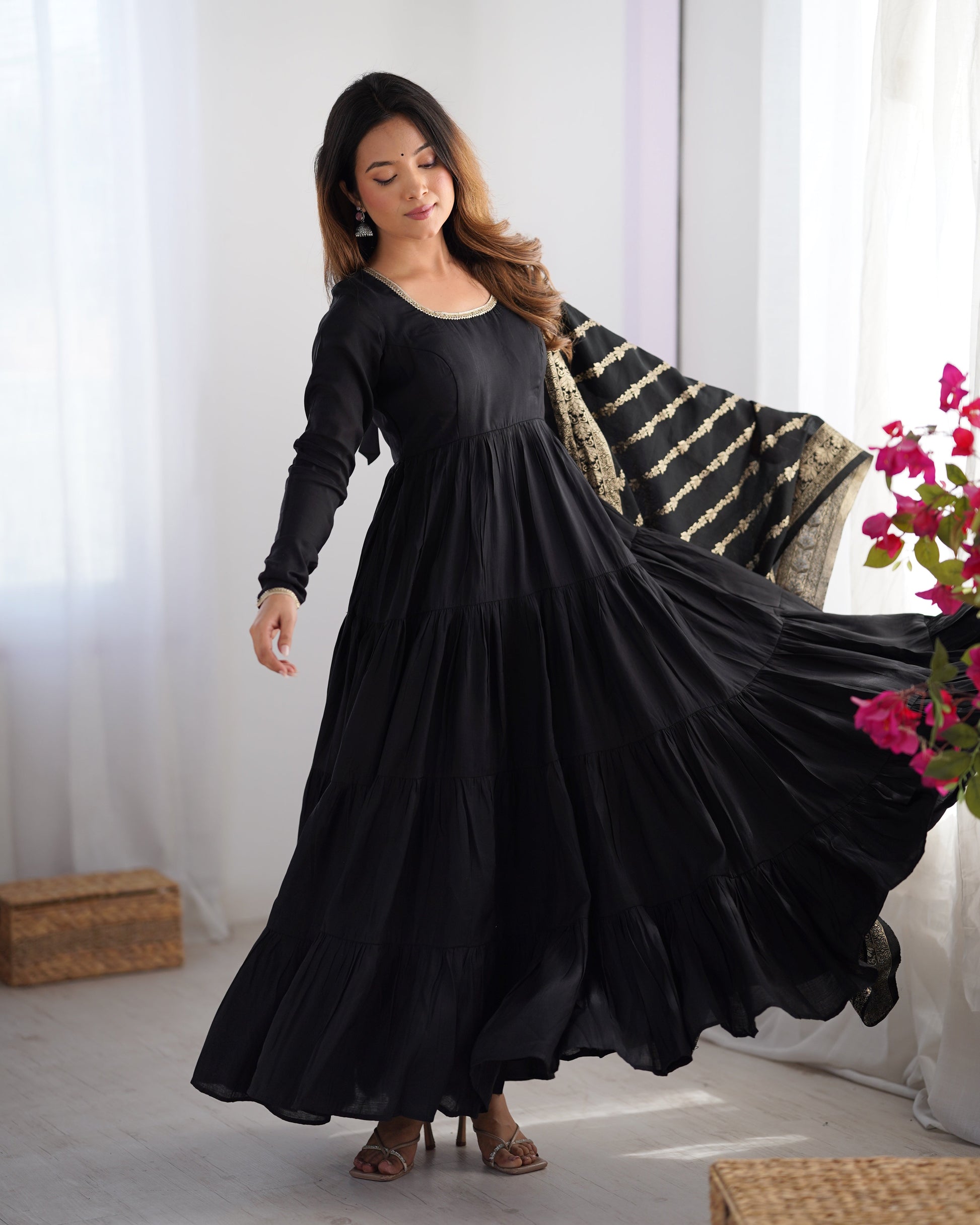 Lorenvalley Women Pure Roman silk Chanderi Fabric Layer Gathering Anarkali Kurta Pant With Dupatta Set 