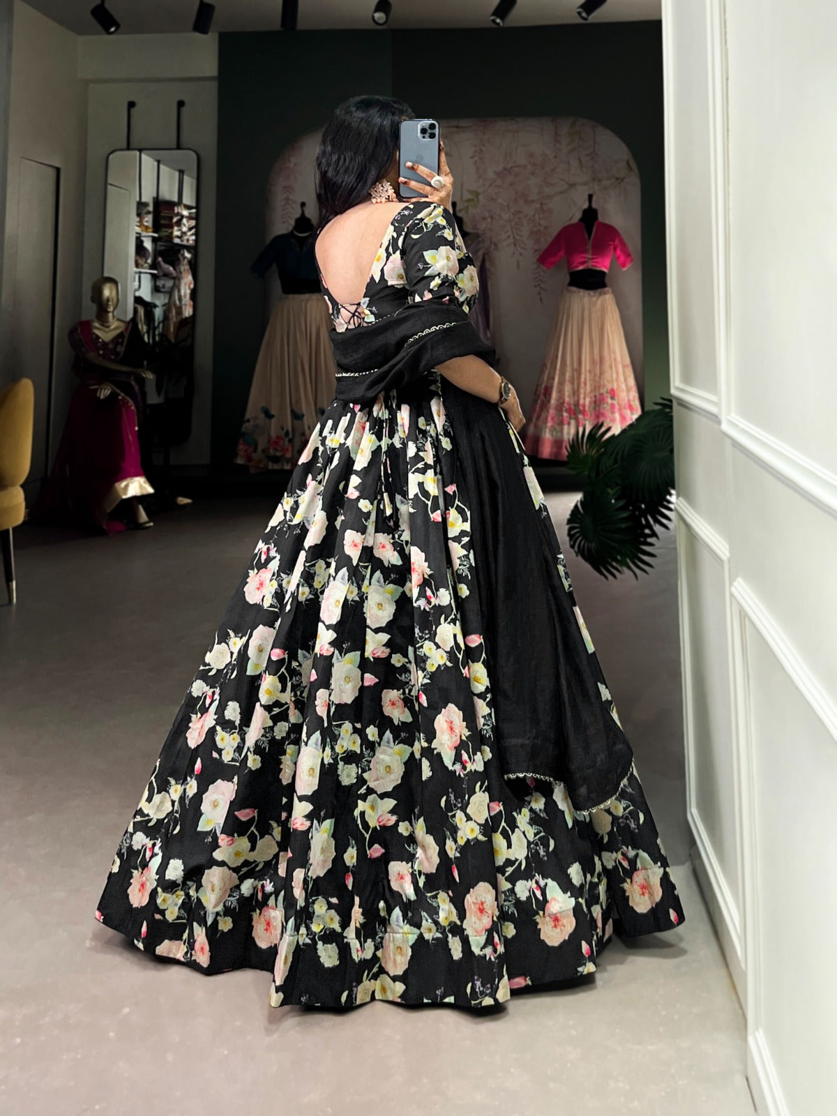 Lorenvalley Black Tussar Silk Floral Printed Lehenga Choli 