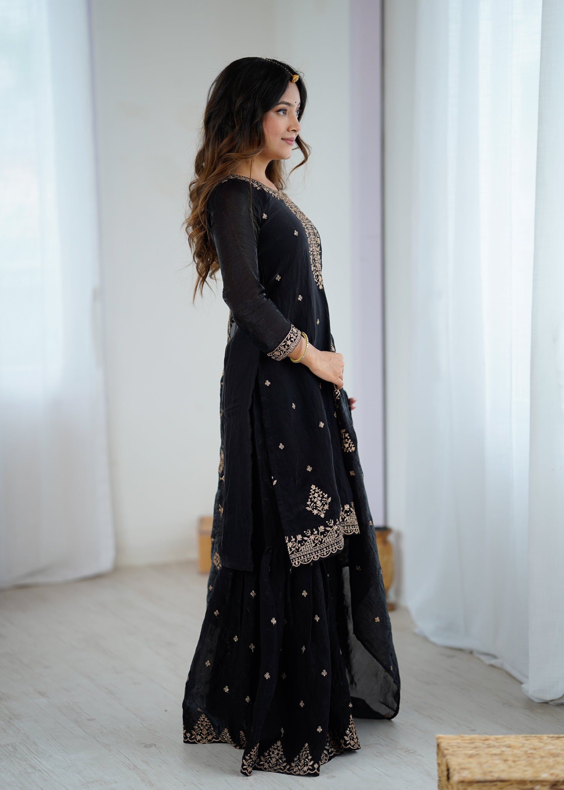 Lorenvalley Black Soft Crunchy Silk with Embroidery Sequence and Jari Work Kurta Palazzo with Dupatta 