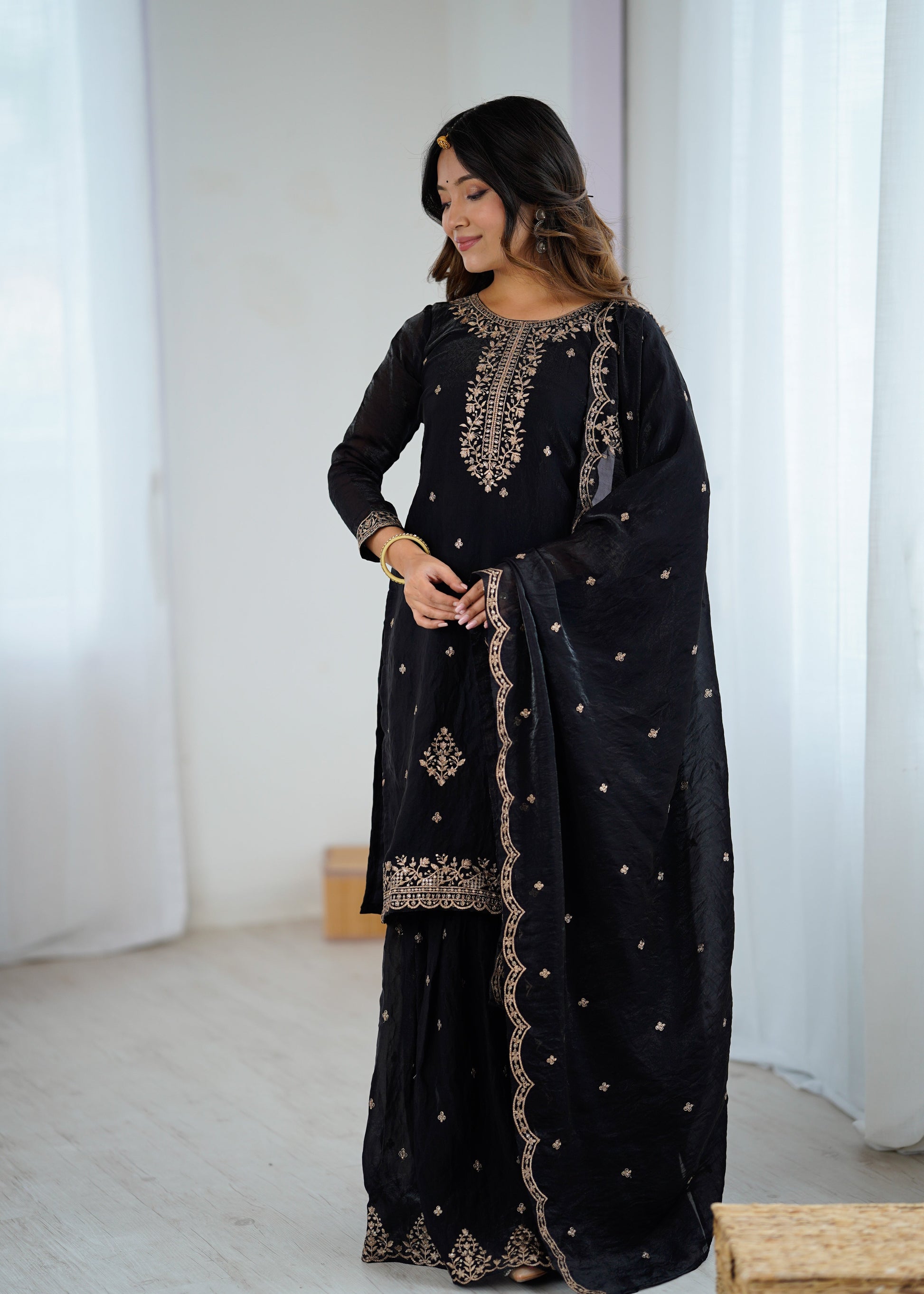 Lorenvalley Black Soft Crunchy Silk with Embroidery Sequence and Jari Work Kurta Palazzo with Dupatta 