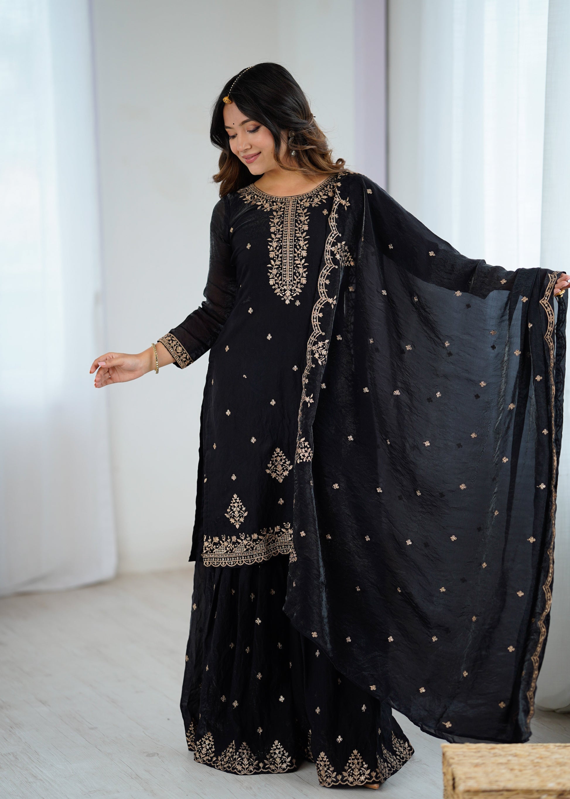 Lorenvalley Black Soft Crunchy Silk with Embroidery Sequence and Jari Work Kurta Palazzo with Dupatta 
